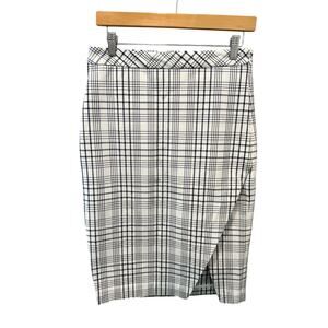BANANA REPUBLIC Plaid Straight Pencil Skirt White Blue Windowpane Slit | Size 2